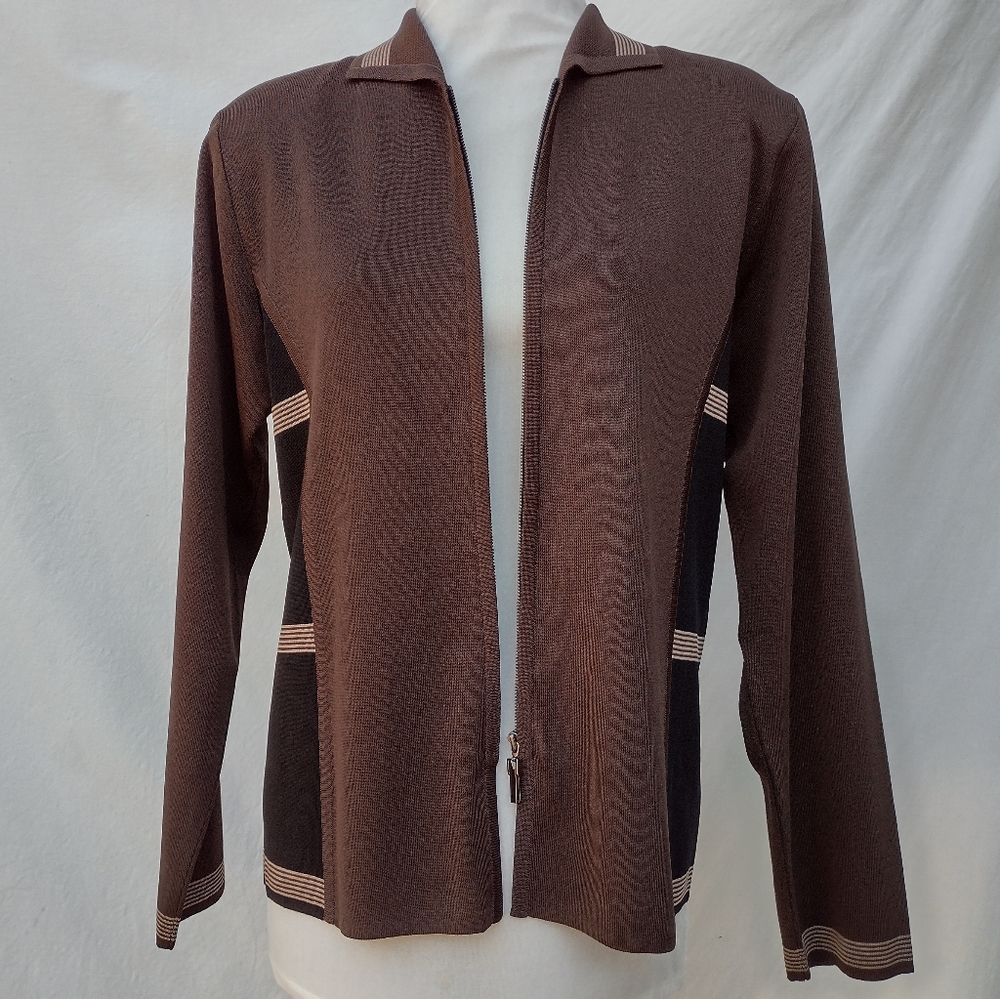 Exclusively Misook Brown Striped Zip Cardigan Women's Small
